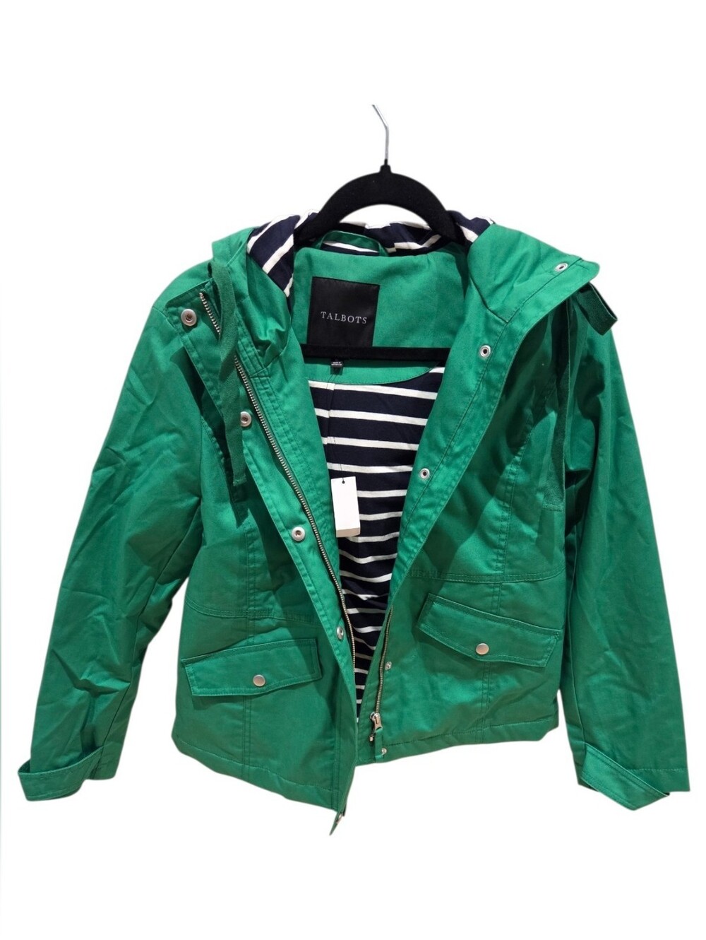 Talbots Green Utility Jacket XS NWT Hooded Striped Lining Cotton Anorak Coat